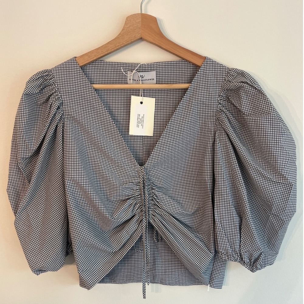 New Never a Wallflower Mallorca Crop Blouse Puff Sleeve Blk Wht Check Medium